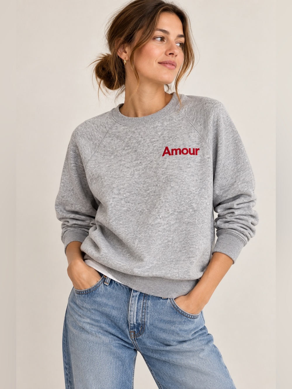 Amour Embroidered Grey Crewneck Sweatshirt